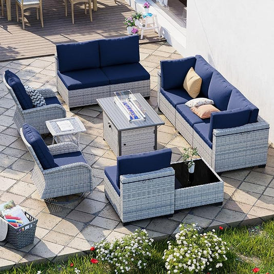 11-Piece Patio Furniture Set, Outdoor Patio Furniture with Fire Pit Table, Swivel Chairs Set, Thick Cushions, Modular Patio Sofa, Dual-Strand Wicker Rattan, Rust-Resistant Frame, Navy Blue