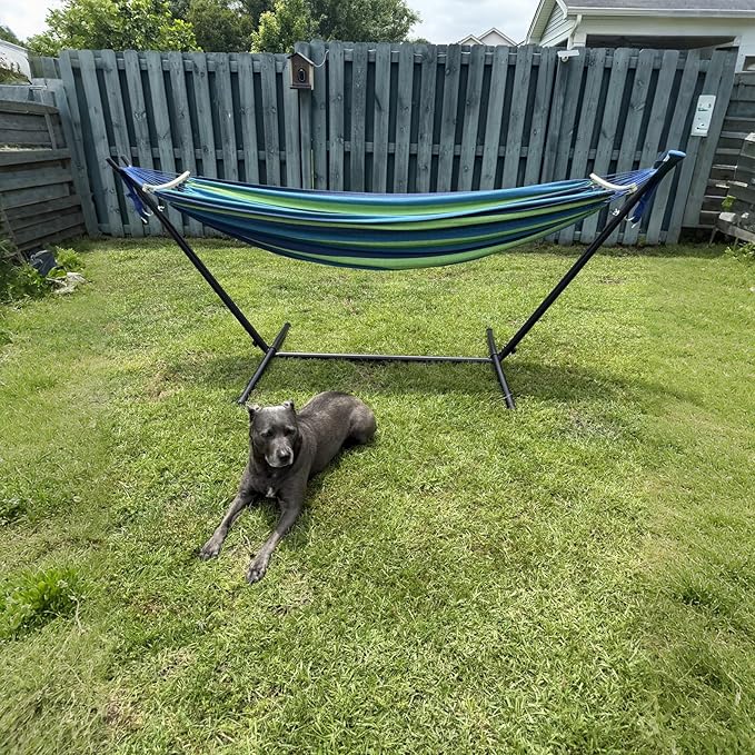 SZHLUX Double Hammock with Stand Included 450lb Capacity Steel Stand, Premium Carry Bag Included.Indoor Outdoor Brazilian-Style Cotton Bed for Backyard, Camping,Garden,Green