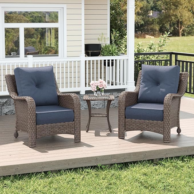 LayinSun 3 Piece Wicker Outdoor Furniture Set with 6-inch Comfy Cushions, High Back Patio Furniture Set with Rattan Armchairs and Side Table
