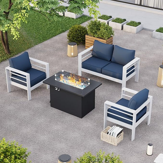 Patio Furniture Set with Fire Pit Table, Aluminum Patio Furniture Set,Blue Outdoor Metal Sectional Sofa with Aluminum Fire Pit Table for Garden Backyard (Include Waterproof Cover)