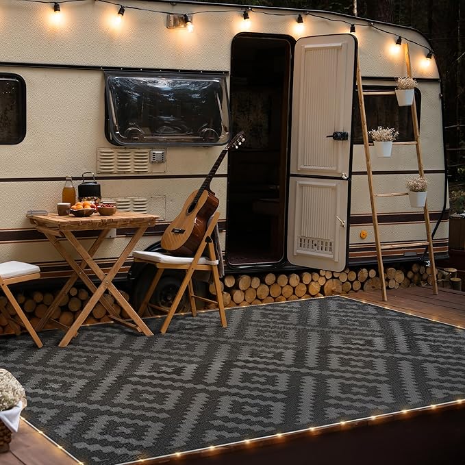 GENIMO Outdoor Rug with LED Strip Lights, 6'x9' Waterproof Camping Mat, Reversible Plastic Straw Rugs for Patio, RV, Camper, Balcony, Backyard, Picnic, Deck, Black & Gray