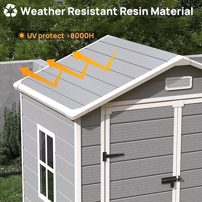 Resin Outdoor Storage Shed with Floor, 8x10.5 FT Plastic Garden Shed with Lockable Door & Window for Bike, Garbage Can, Lawn Mower, Grey White