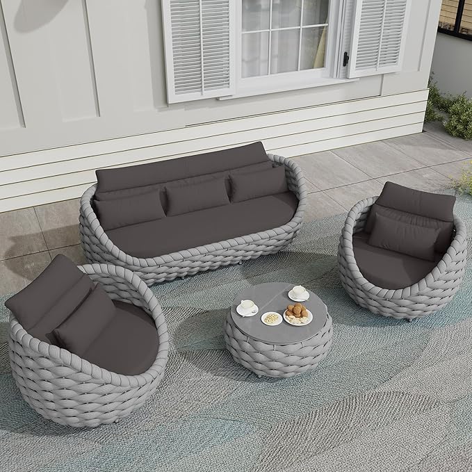 TWT Aluminum Patio Furniture Set Three Seater Sofa Outdoor Furniture Set w/Coffee Table,Patio Conversation Set with Hand Woven Polyester Rope for Bedroom Backyard Poolside, Grey
