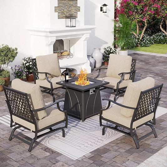 Patio Furniture Set with Firepit Table, 5 Piece Metal Outdoor Patio Furniture Set for 4, 4 Rocking Chairs with 5.75" Extra Thick Cushion and Gas Firepit Table for Backyard Deck Garden