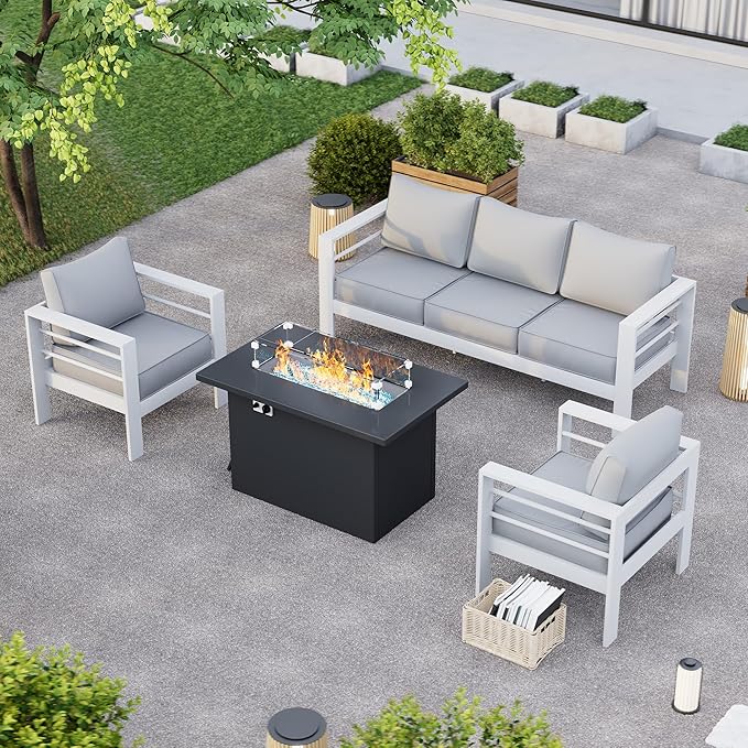 Patio Furniture Set with Fire Pit Table, Aluminum Patio Furniture Set,White Outdoor Metal Sectional Sofa with Aluminum Fire Pit Table for Garden Backyard (Include Waterproof Cover)