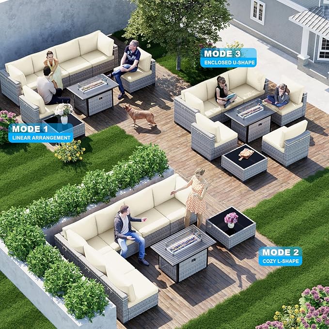 8-Piece Patio Furniture Set, Outdoor Patio Furniture with 55,000 BTU Fire Pit Table, Thick Cushions, Modular Patio Sofa, Dual-Strand Wicker Rattan, Rust-Resistant Frame, Ivory