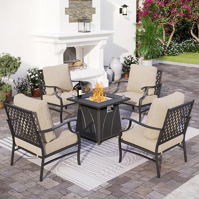 Patio Furniture Set with Firepit Table, 5 Piece Metal Outdoor Patio Furniture set for 4, 4 Single Chairs with 5.75" Extra Thick Cushion and Gas Firepit Table for Backyard Poolside Deck