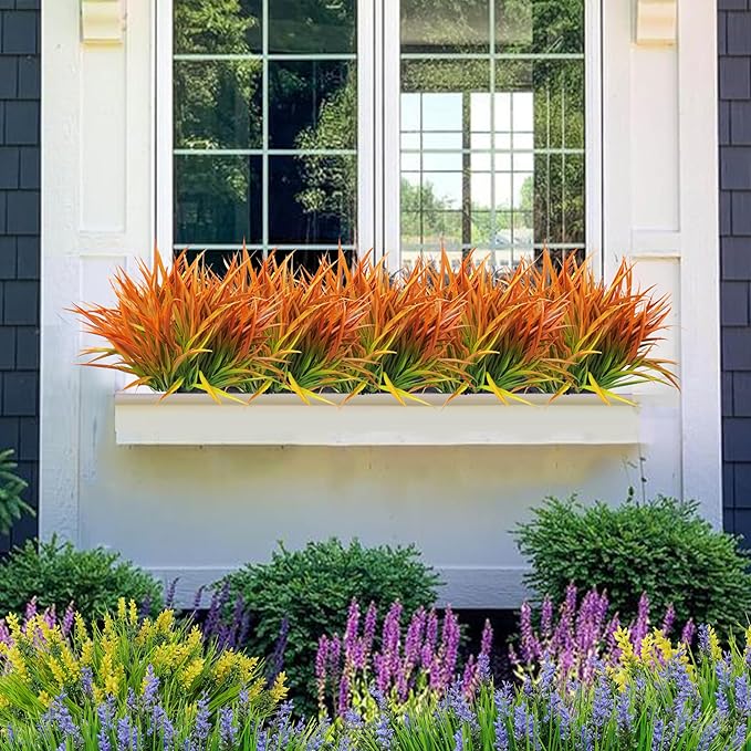 Outdoor Artificial Plants 8 Bundles Fake Plants Grass UV Resistant Fake Flowers Bush Greenery,17Inch Tall Faux Grass Shrubs for Home Porch Pathway Garden Décor Outside Indoor (Orange)
