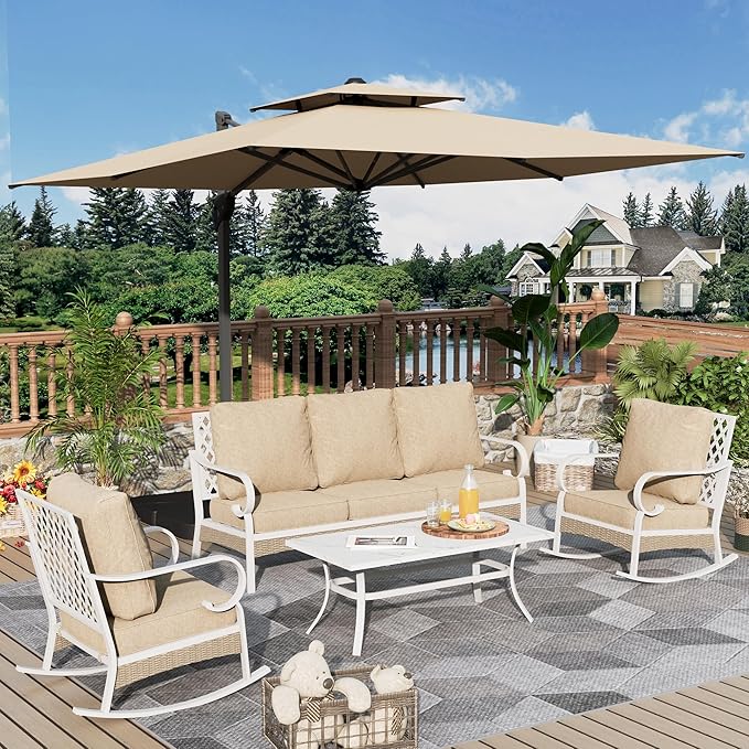 4 Piece Patio Furniture Set, 2 x Rocking Chair, 1 x 3-Seat Sofa with Marbling Coffee Table, All Cushioned 5 Seats Outdoor Conversation Set for Lawn Deck Backyard, Beige