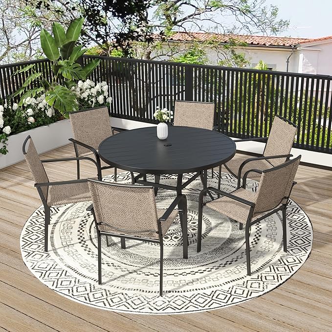 7-Piece Outdoor Dining Set, 48'' Round Table with 6 Stackable Chairs All Weather Furniture Set - Beige Grey