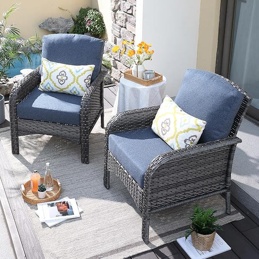 ovios 2 Pieces Patio Furniture Set, Outdoor Wicker Chairs of 2, All Weather High Back Rattan Chairs 2-Seater with Comfy Cushions for Porch Deck, Denim Blue
