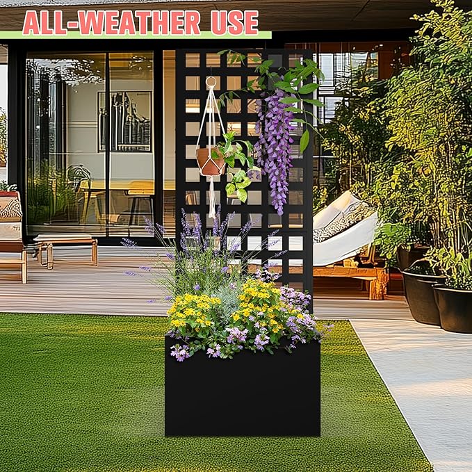 Metal Planter Box with Trellis, Raised Garder Bed with Drainage Hole, Privacy Screen & Trellis for Climbing Plants, Outdoor Plant Stands, 24''L×12''W×63''H, Black