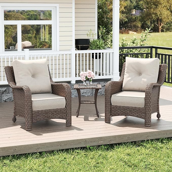 LayinSun 3 Piece Wicker Outdoor Furniture Set with 6-inch Comfy Cushions, High Back Patio Furniture Set with Rattan Armchairs and Side Table