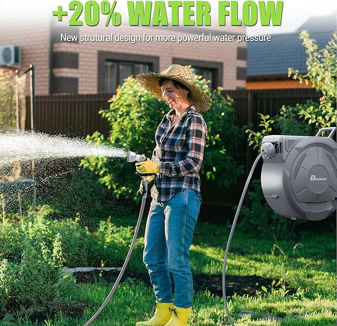 5/8" x 75 ft Retractable Hose Reel, Heavy Duty Retractable Garden Hose Reel Wall Mounted with 10-Pattern Hose Nozzle/Any Length Lock/Slow Return System/180°Swivel Bracket