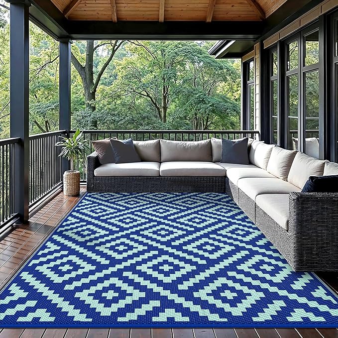 GENIMO Outdoor Rug for Patio Clearance, 6'x9' Waterproof Camping Mat, Reversible Plastic Straw Rugs for RV, Camper, Balcony, Backyard, Picnic, Deck (Royal Blue & Blue Green)