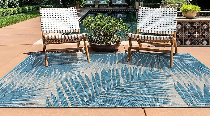 Rugshop Tropical Floral Reversible Crease-Free Waterproof Premium Recycled Plastic Outdoor Rugs for Patio,Backyard,RV,Deck,Picnic,Trailer,Beach,Camping Blue 7'10" x 10'