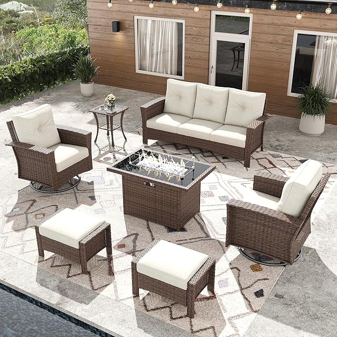 7 Pieces Outdoor Patio Furniture Set with Fire Pit Table, Wicker Patio Sectional Set Conversation Wicker Swivel Chairs with Small Side Table