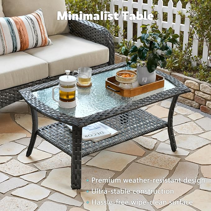 4-Piece Wicker Patio Furniture Set, All-Weather Rattan Conversation Bistro Loveseat Chair and Table Set for Backyard, Balcony and Deck with Soft Cushions and Metal Table(Tan)