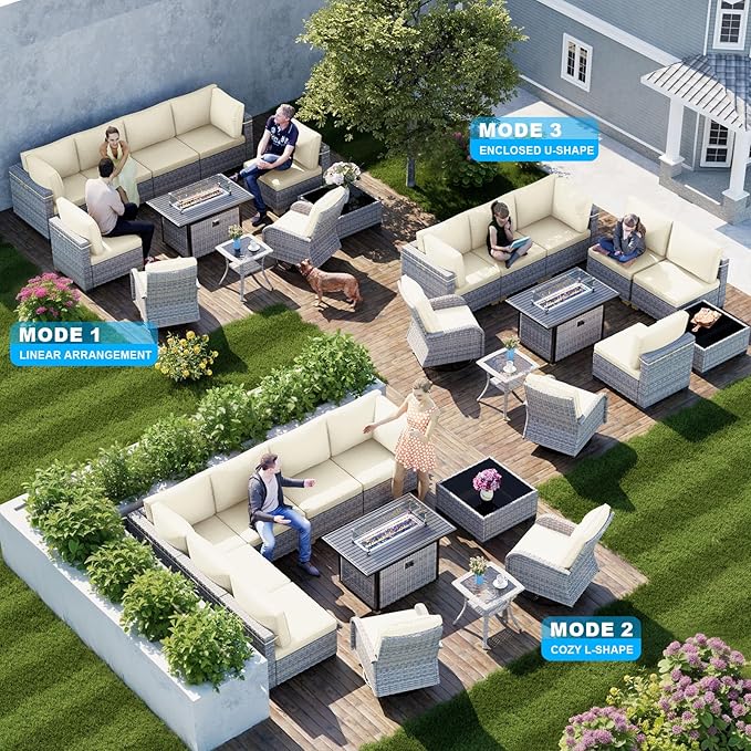 11-Piece Patio Furniture Set, Outdoor Patio Furniture with 55,000 BTU Fire Pit Table, Swivel Chairs Set, Thick Cushions, Modular Patio Sofa, Dual-Strand Wicker Rattan, Rust-Resistant Frame, Ivory
