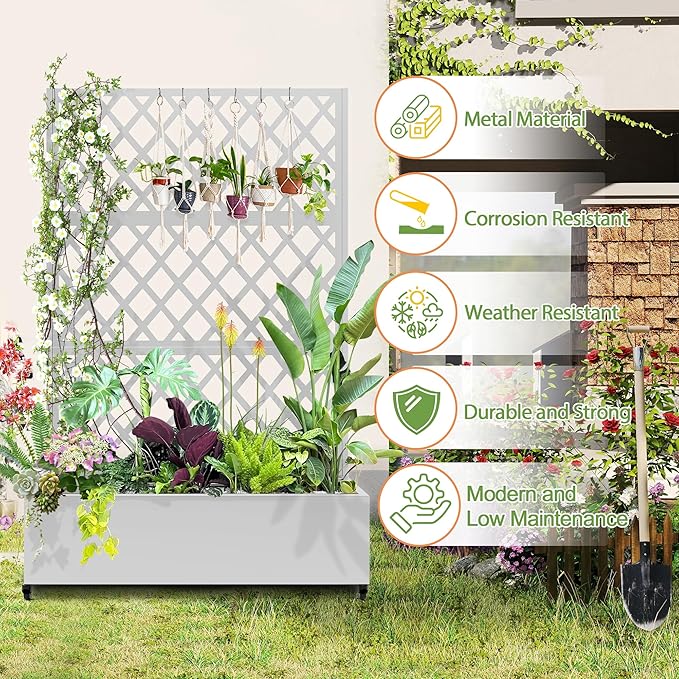 Metal Planter Trellis Box with Wheels & Drain Plug Outdoor Raised Garden Bed Patio Privacy Screen with Planter for Climbing Plants, Vegetables 73"x47"x16" White-Diamond