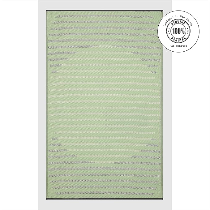 Fab Habitat Striped Outdoor Rug - Waterproof, Fade Resistant, Crease-Free, Reversible - Premium Recycled Plastic - Patio Porch Balcony Deck - Kyoto - Green - 8 x 10 ft