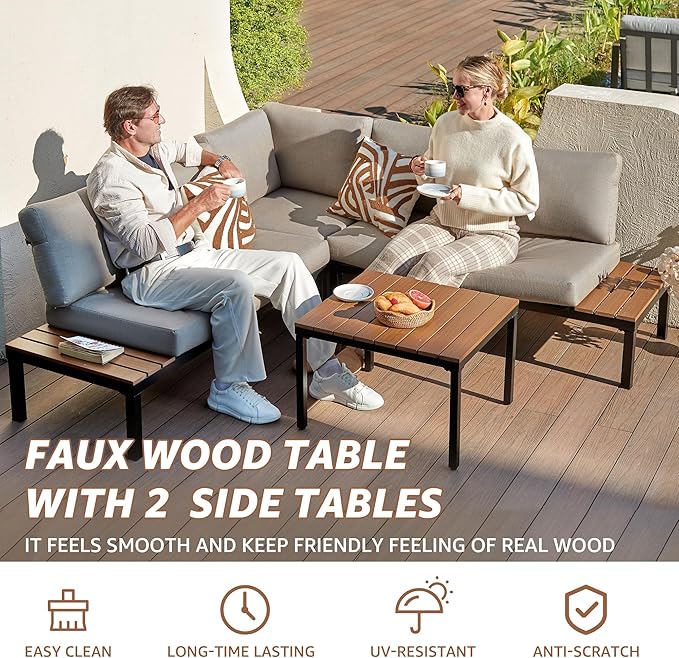 NATURAL EXPRESSIONS Patio Furniture Sets, Metal Outdoor Sectional L Shape Corner Sofa Outdoor Couch with Detachable Backrest,3 Fauxwood Tables,Black Frame,Shale Olefin Cushions for Yard,Garden