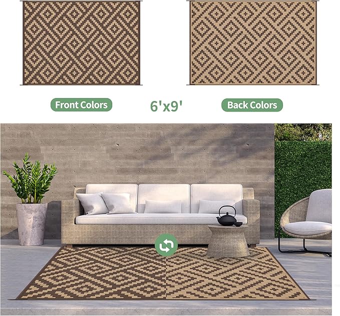 GENIMO Outdoor Rug for Patio Clearance, 6'x9' Reversible Plastic Straw Rugs, Lightweight Waterproof RV Camping Mat for Camper, Balcony, Deck, Backyard, Picnic, Coffee & Brown