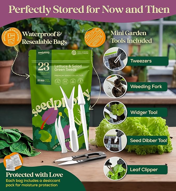 23 Lettuce & Salad Greens Seeds Variety Pack - 25,000+ Non-GMO Heirloom Greens Seeds for Planting Lettuce Indoor & Outdoor: Arugula, Mizuna, Kale, Spinach, Swiss Chard, Mache & More Lettuce Seeds