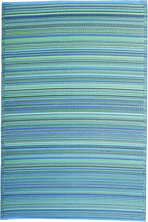 Fab Habitat Outdoor Rug - Waterproof, Fade Resistant, Crease-Free - Premium Recycled Plastic - Striped - Porch, Deck, Balcony, Laundry Room, Patio - Cancun - Turquoise & Moss Green - 3 x 5 ft