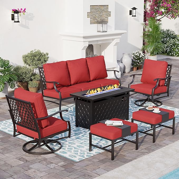 6 Piece Metal Outdoor Patio Furniture Set with Firepit Table, Patio Conversation Set 1 3-Seater Sofa, 2 Swivel Chair, 2 Ottoman with 5.75" Thick Cushion, Black Backyard Furniture, Red