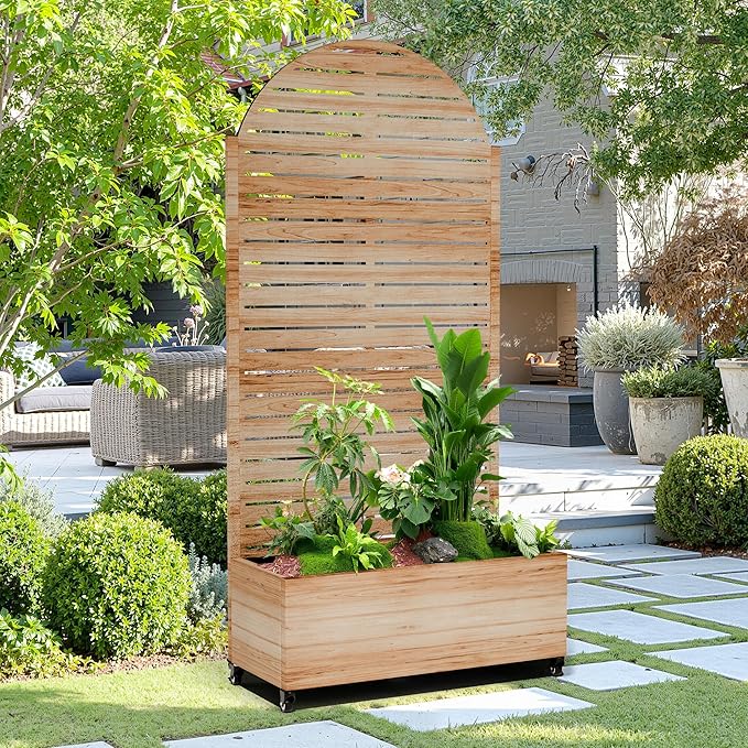 15.7"×70.9"×35.4" Metal Raised Garden Bed with Trellis and Wheels - Tall Trellis Planter Box for Climbing Plants, Vegetables & Vines - Outdoor Privacy Planters for Patio (Acacia Wood Grain-Louvered)