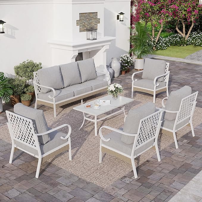 6 Piece Metal Outdoor Patio Furniture Set, Patio Conversation Sets 1 3-Seater Sofa, 4 Single Sofa with 5.75" Extra Thick Cushion and Coffee Table, White Frame Backyard Furniture, Gray