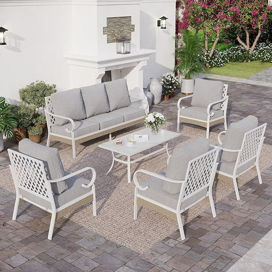 6 Piece Metal Outdoor Patio Furniture Set, Patio Conversation Sets 1 3-Seater Sofa, 4 Single Sofa with 5.75" Extra Thick Cushion and Coffee Table, White Frame Backyard Furniture, Gray
