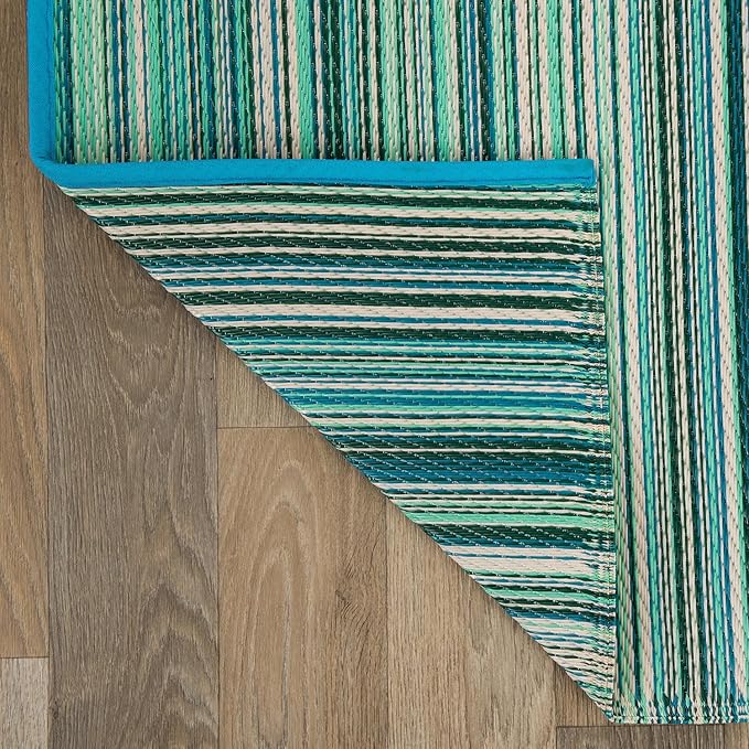Rugshop Contemporary Stripe Reversible Crease-Free Waterproof Premium Recycled Plastic Outdoor Rugs for Patio,Backyard,RV,Deck,Picnic,Trailer,Beach,Camping Blue 7'10" x 10'