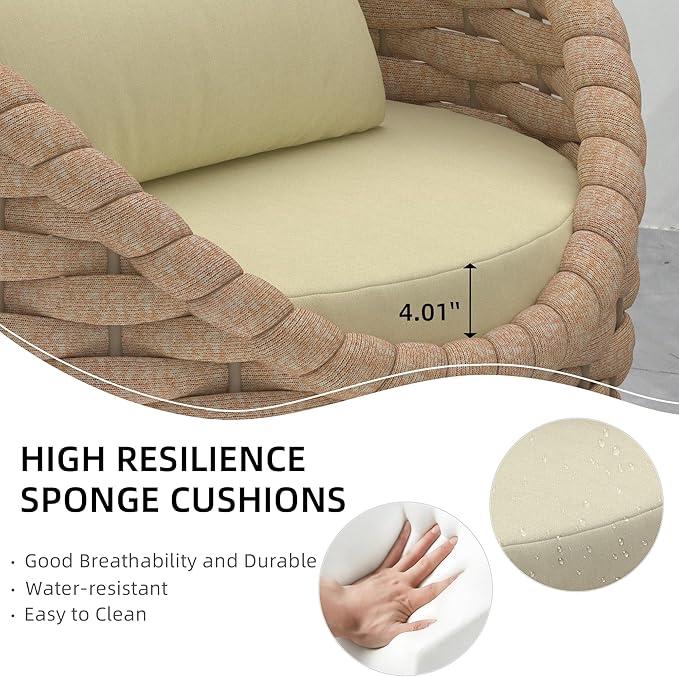 5 Pieces Patio Furniture Set, Outdoor Rope Conversation Sectional Patio Sofa with 5 Seater for Backyard, Porch, Modern Armchairs with Thickness Cushions and Side Table, Light Brown