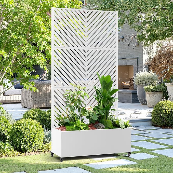 15.7"×70.9"×35.4" Metal Raised Garden Bed with Trellis and Wheels - Tall Trellis Planter Box for Climbing Plants, Vegetables & Vines - Outdoor Privacy Planters for Patio (White-Parallel)