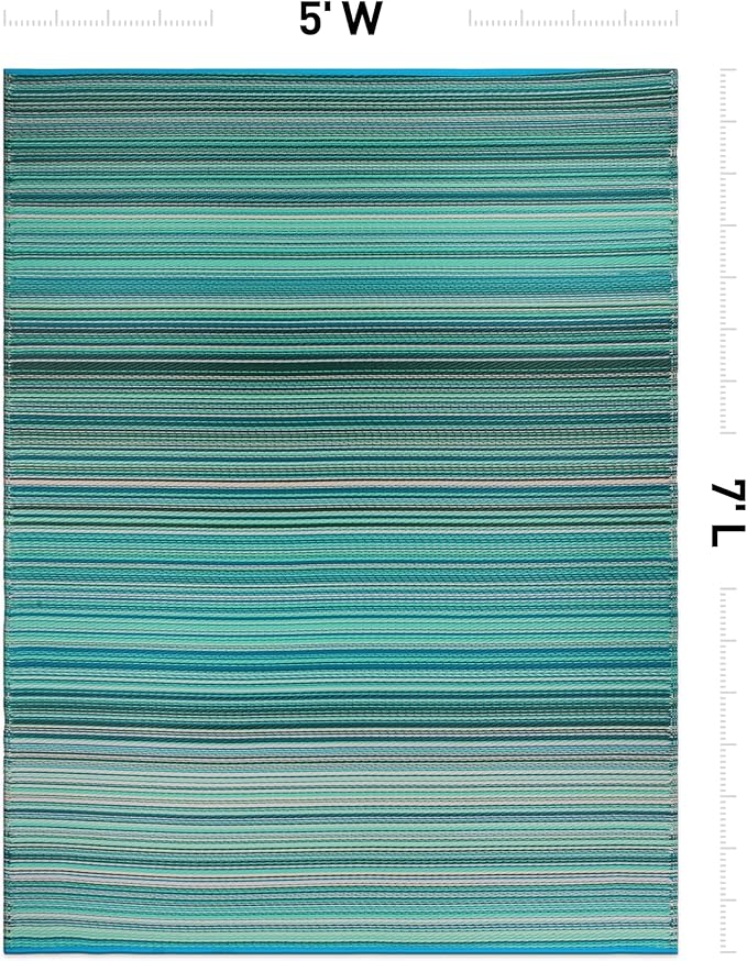 Rugshop Contemporary Stripe Reversible Crease-Free Waterproof Premium Recycled Plastic Outdoor Rugs for Patio,Backyard,RV,Deck,Picnic,Trailer,Beach,Camping Blue 5' x 7'