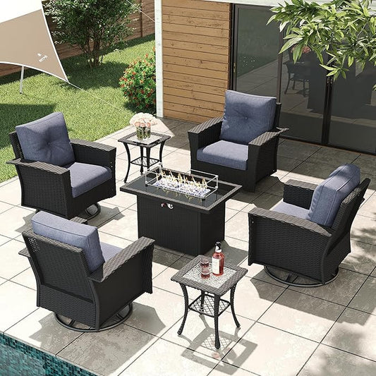 LayinSun 7 Piece Wicker Patio Furniture Set with Fire Pit Table, Classis Outdoor Conversation 360 Degree Swivel Chairs Set with Coffee Table