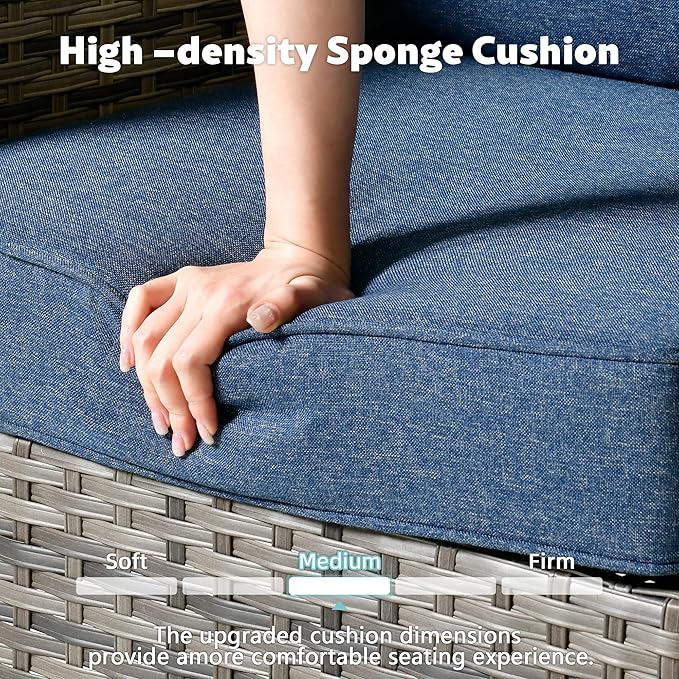 4-Piece Wicker Patio Furniture Set, All-Weather Rattan Conversation Bistro Loveseat Chair and Table Set for Backyard, Balcony and Deck with Soft Cushions and Metal Table(Blue)