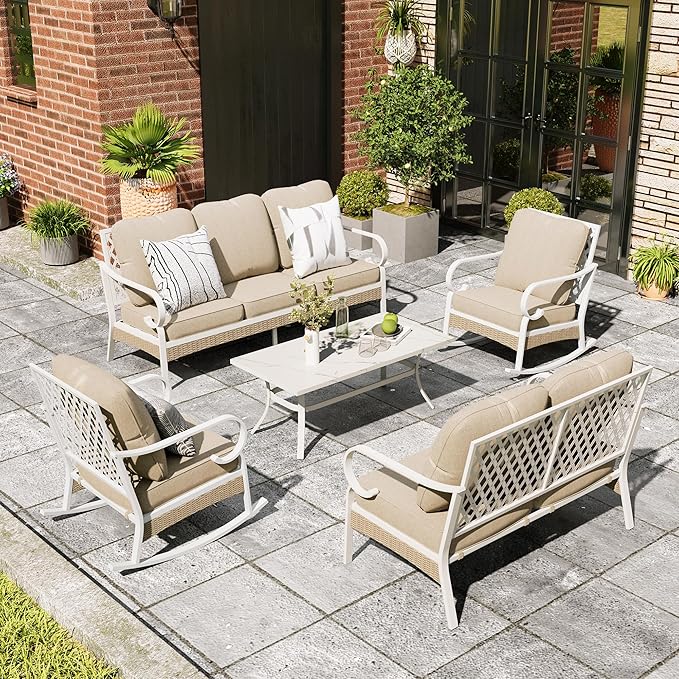 5 Piece Patio Furniture Set, 2 x Rocking Chair, 1 x 2-Seat Sofa, 1 x 3-Seat Sofa with Marbling Coffee Table, All Cushioned 7 Seats Outdoor Conversation Set, Beige