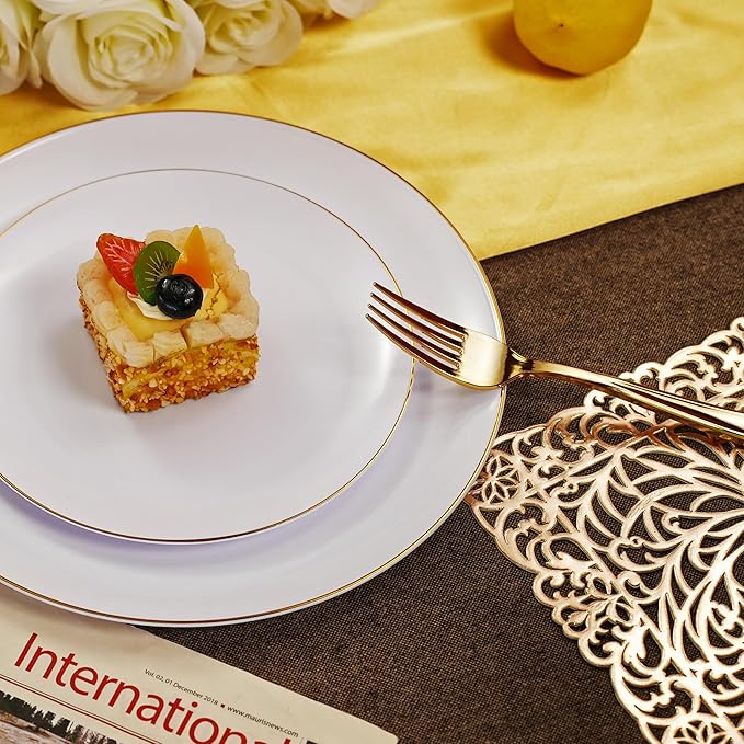 WELLIFE 600PCS White and Gold Plastic Dinnerware Set - Includes 100 Dinner Plates, 100 Dessert Plates, 300 Plastic Cutlery, 100 Cups - Perfect for 100 Guests, Weddings & Parties