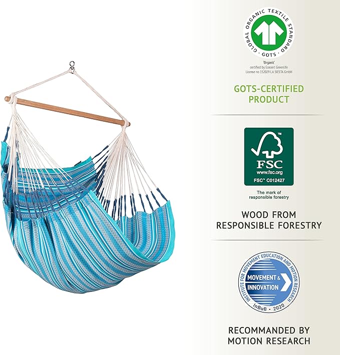 La Siesta® Large Comfort Habana Cotton Hanging Hammock Chair, Indoor Outdoor Hammock Swing Chair, Boho Hanging Chair Bedroom Patio, Max 285 Lbs, Azure