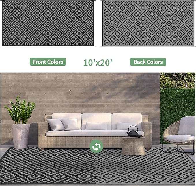 GENIMO Outdoor Rug Waterproof, 10' x 20' Reversible Plastic Straw Rug, Lightweight Large RV Camping Mat for Patio, Deck, Camper, Balcony, Backyard, Picnic, Black & Gray