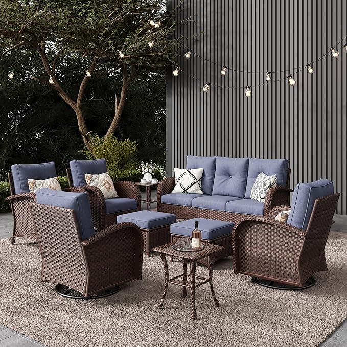 LayinSun 9 Pieces Outdoor Patio Furniture Set, Rattan Wicker Sectional Swivel Rocker Chairs Sets