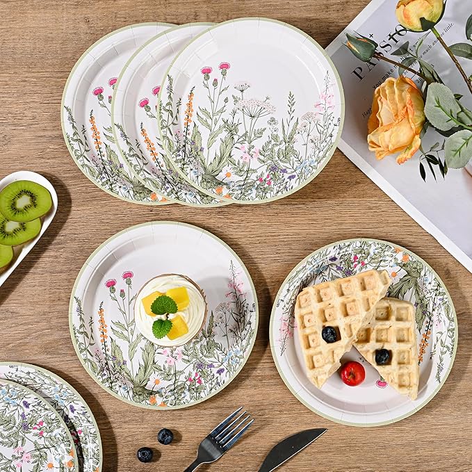 Wildflower Party Plates 7" Floral Paper Plates Spring Summer Botanical Green Leaves Herbs Vintage Garden Disposable Decorative Dessert Plates (24, Vintage Floral)