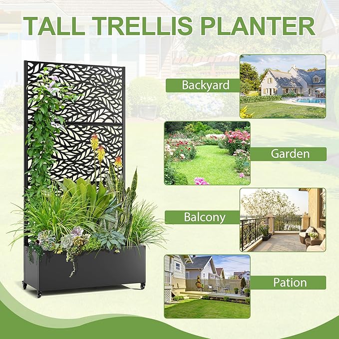 Raised Garden Bed with Trellis and Wheels,73"x35"x16" Metal Raised Garden Bed,Black Flowing Leaf Metal Planter with Climbing Trellis for Vines & Vegetables