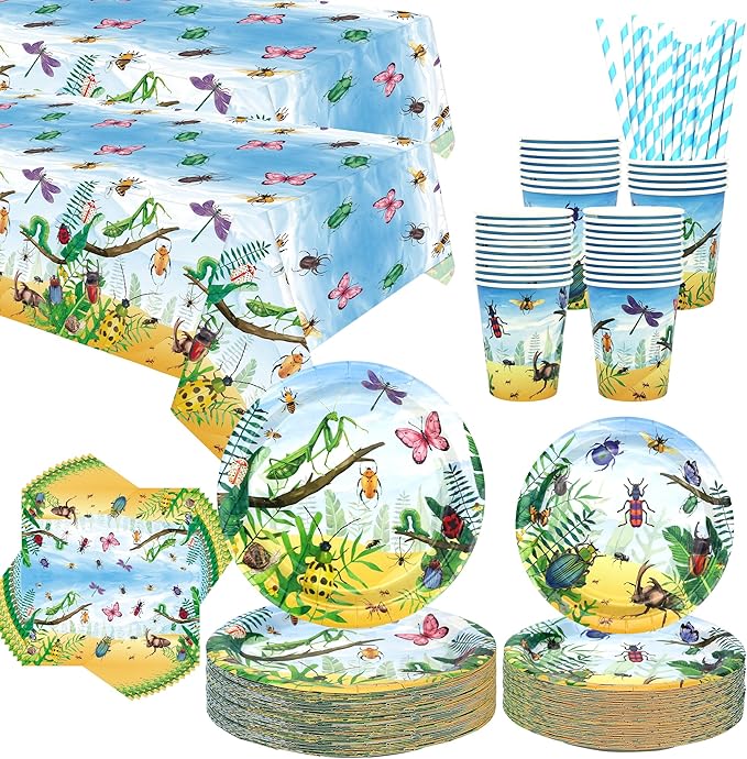 Insect Party Supplies - Bugs Party Tableware - Dinner Plates Desserts Plates Cups Napkins Bugs Insect Tablecover Straws for Class Office Garden Reptile Baby Shower Decorations, Serves 40
