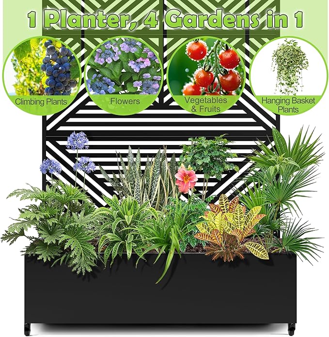 15.7"×70.9"×47.2" Metal Raised Garden Bed with Trellis and Wheels - Tall Trellis Planter Box for Climbing Plants, Vegetables & Vines - Outdoor Privacy Planters for Patio (Black-Zodiac)