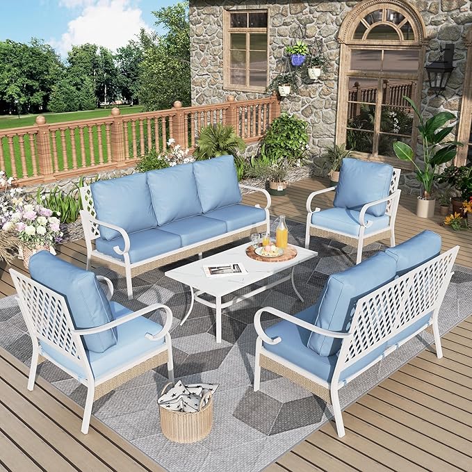 5 Piece Patio Furniture Set, 2 x Fixed Chair, 1 x 2-Seat Sofa, 1 x 3-Seat Sofa with Marbling Coffee Table, All Cushioned 7 Seats Outdoor Conversation Set for Lawn Garden Backyard, Blue