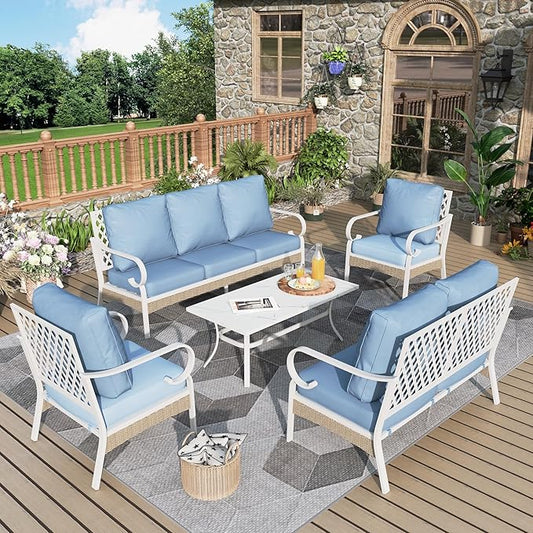 5 Piece Patio Furniture Set, 2 x Fixed Chair, 1 x 2-Seat Sofa, 1 x 3-Seat Sofa with Marbling Coffee Table, All Cushioned 7 Seats Outdoor Conversation Set for Lawn Garden Backyard, Blue